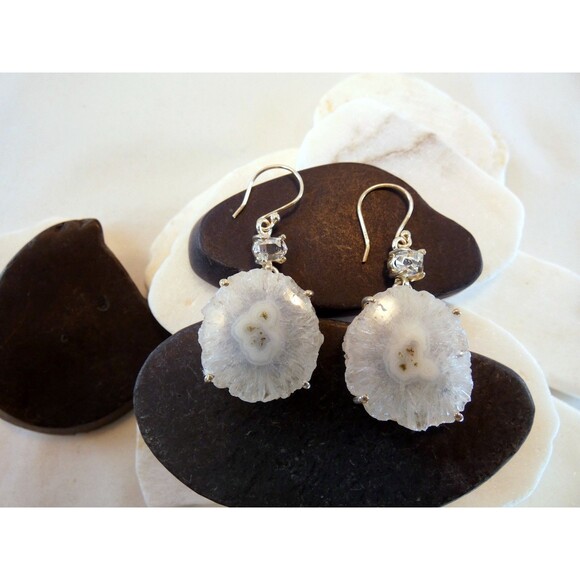 Solar Eye Quartz Water Clear Herkimer Diamond Sterling Silver Dangle Earrings - Picture 6 of 7